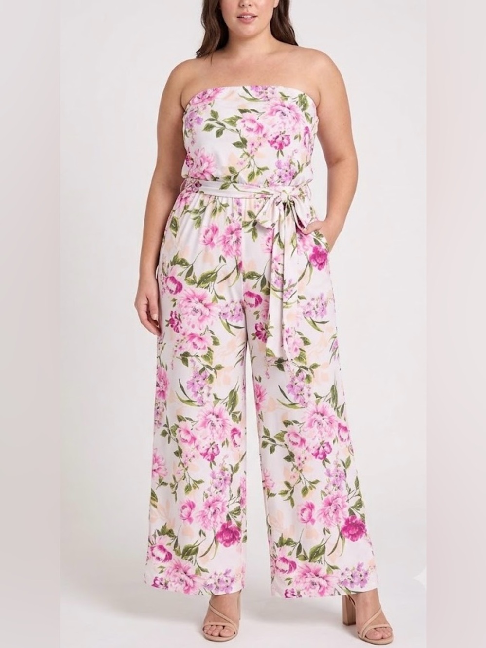 R & M Richards Women’s Strapless Wide-Leg Floral Jumpsuit Size 14
